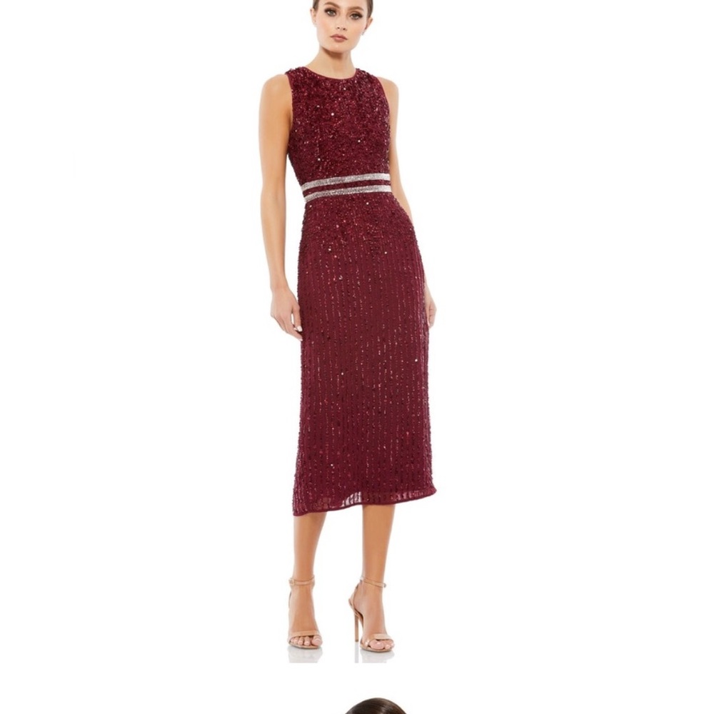 Mac Duggal Burgundy Sequin Midi Dress